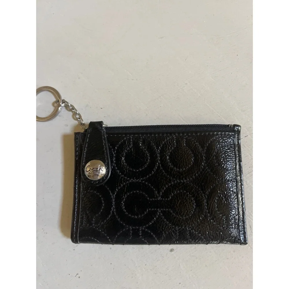 Vtg Coach Black Patent Leather Signature C Mini Skinny ID Case Keychain Wallet